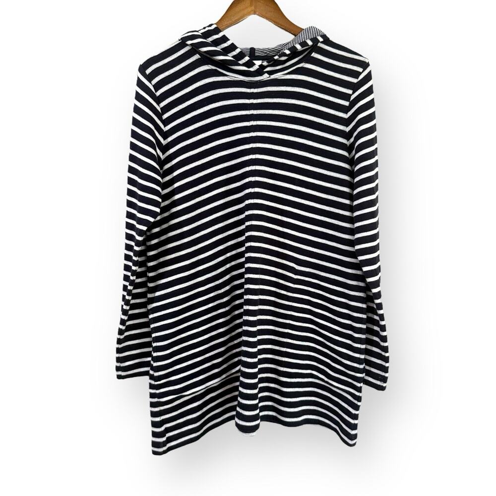 J. Jill Navy White Striped Pullover Hoodie Sweatshirt M Cotton Pockets Tunic - Picture 1 of 10